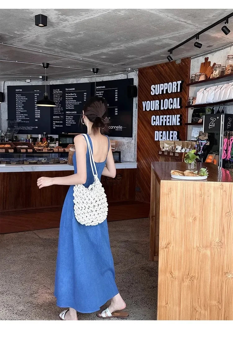 Blue Mist Love Französisches Jeanskleid für Damen, Sommer, einzigartiges Design, Taille, Cinching-Riemen, langes Kleid, elegante blaue Polyesterfaser