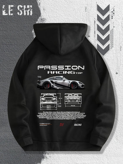 2025 Men's Autumn and Winter Car Print Hooded and Fleece Versatile Sporty Casual Loose Street Style Autumn and Winter Pullover.