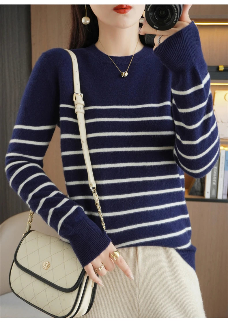 Herbst Winter neue Frauen O-Ausschnitt Farbe Streifen Pullover Wolle Mischung Mode weichen warmen Pullover Kaschmir lose lässig Strick Base Top
