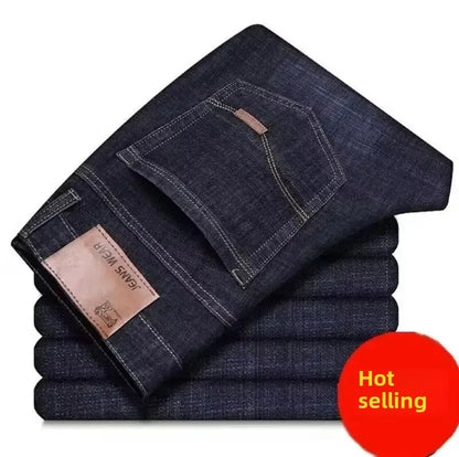 Summer Men's Stretch Jeans Straight-Leg Loose-Fit Business Casual Versatile Long Pants Lightweight Wear-Resistant.