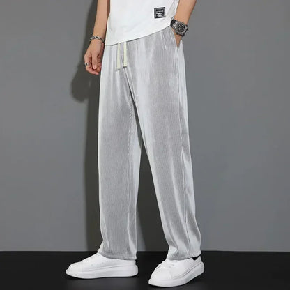Summer Loose Ice Silk Pants Men's Drape 100KG Size Long Pants Fat Casual Sports Pants Wide Leg Straight Pants Tide Brand.
