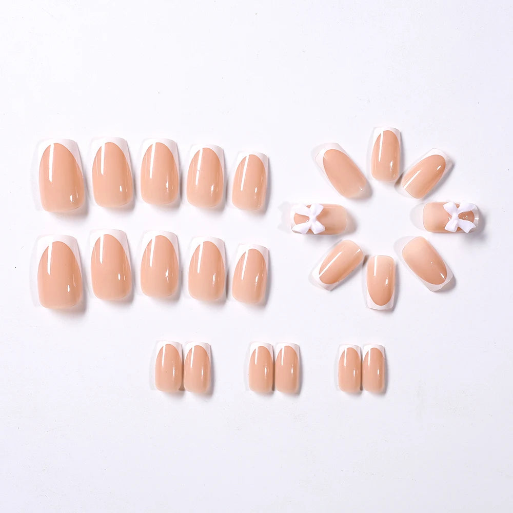 24Pcs White French Press On Nails 3D Bow Design Full Cover Wearable False Nails Short Square Head Ballet Fake Nails For Women.