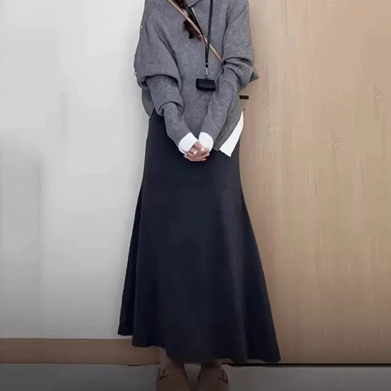 Elegant Design Fishtail Skirt Women 2025 New Temperament Slim Knitted Maxi Skirts Ladies Autumn Winter High Waist Bodycon Skirts.