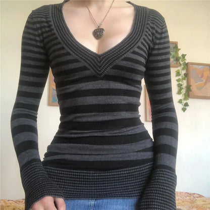 y2k Knitted Top Fairy Grunge Clothes Women Striped V Neck Long Sleeve T Shirt 2000s Clothing Punk Gothic Streetwear.
