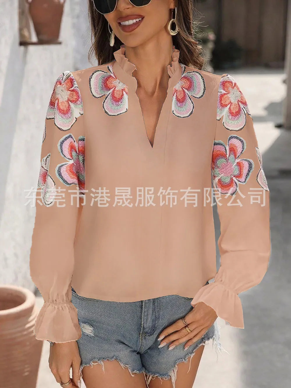 New Fashion American European Women's Printed Casual Trendy Loose V-neck Long Puff Sleeve Simple Basic Shirts Female Clothes.