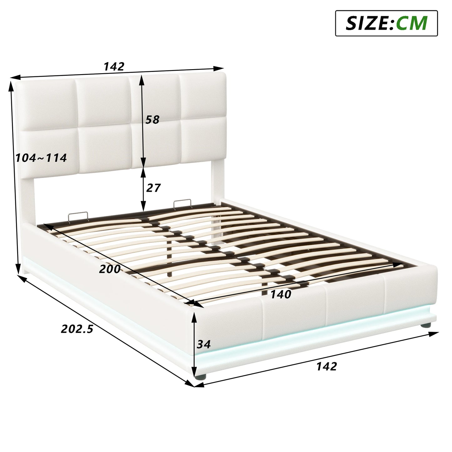 Comanlai Polsterbett 140 x 200 cm mit LED-Leuchten, hydraulisches Bett mit Stauraum, Doppelbett mit Lattenrost, Kunstleder, weiß