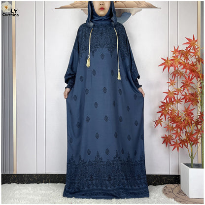 2025 Women Long Sleeves Dress Cotton Ramadan Abaya with Two Hats Muslim Women's Kaftan Dress Dubai Turkey Islam Prayer Clothing.