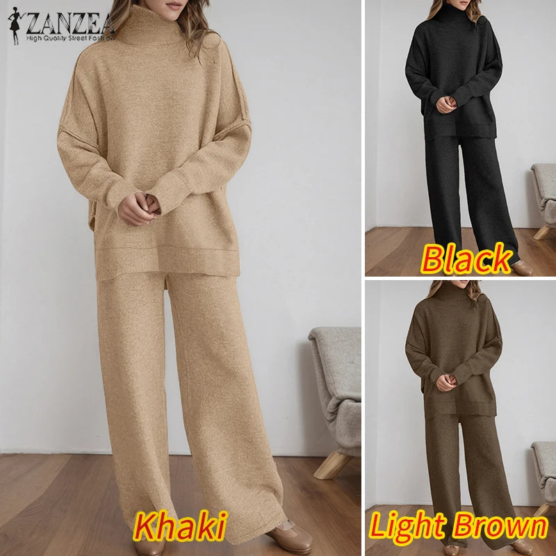 ZANZEA Gestrickte 2-teilige Hosen-Sets für Damen, lässig, lockerer Rollkragen, Langarm-Pullover und Hosenanzüge mit weitem Bein, tägliche Outfits