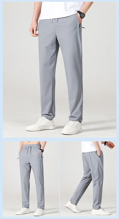 Ice Silk Men's trousers 2024 summer black-and-gray thin style business casual pants outdoor stretch breathable straight leg loos.