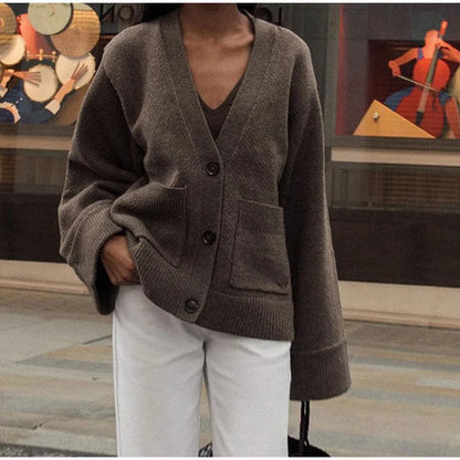 Damenjacke mit V-Ausschnitt, einfarbig, langärmelig, Strickjacke, modischer, lockerer, lässiger Pullover