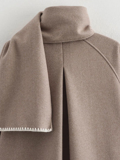 Women Fashion Brown Scarf Coat Jacket Loose Long Sleeve Single Breasted Pocket Jacket Fall/Winter Casual Wool Blend Jacket