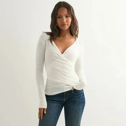 Pure Color V-neck Long Sleeve T-shirt Waist-cinching Sexy Top for Women Cross-border Autumn New Style Y25TP348 Polyester Fiber.