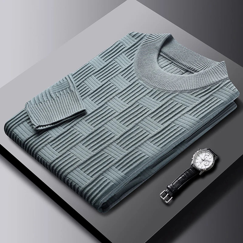 Luxury high-quality round neck exquisite plaid knitted sweater men's autumn and winter new casual warm comfortable pullover