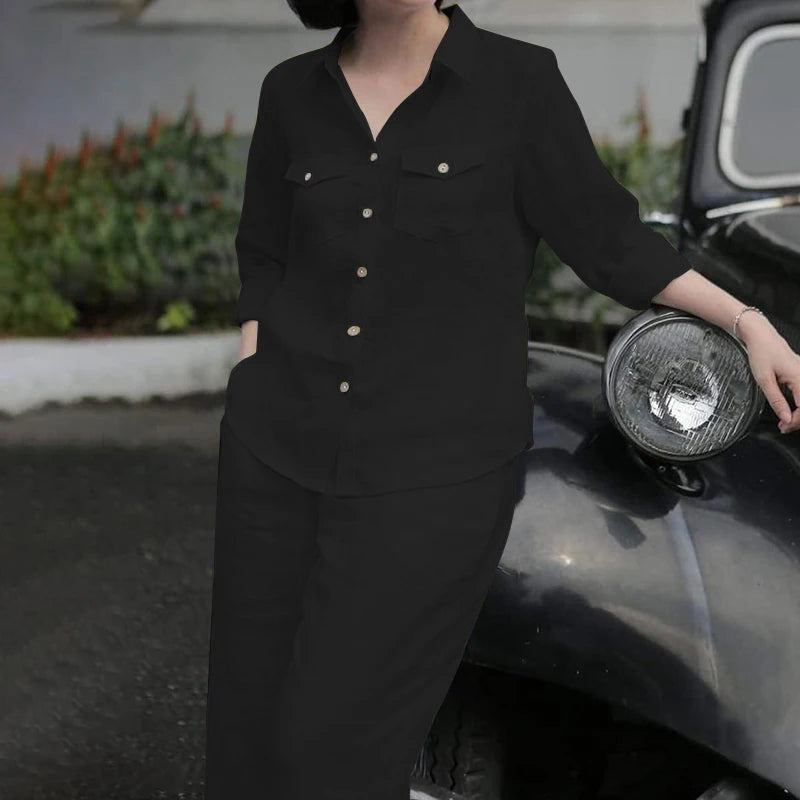 Elegant Autumn Women Matching Sets Long Sleeve Shirt Wide Leg Pants ZANZEA Casual Solid OL Work Suit Tracksuits Holiday Outfits.