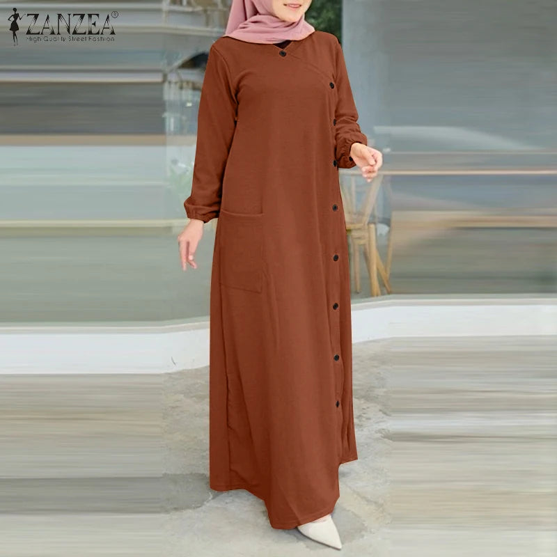 ZANZEA Muslim Casual Loose Long Dresses Textured O Neck Buttons Long Sleeve A-line Vestidos Women 2024 Islamic Hijab Abaya Robes.
