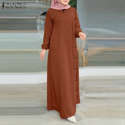 ZANZEA Muslim Casual Loose Long Dresses Textured O Neck Buttons Long Sleeve A-line Vestidos Women 2024 Islamic Hijab Abaya Robes.