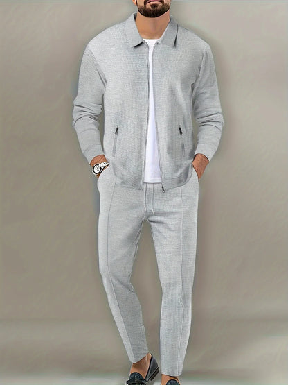 Men's Slim Fit Jacket with Zipper Pocket, Long Sleeved Sportswear, Cardigan Jacket Set, Long Pants, Elegant, two-Piece Set