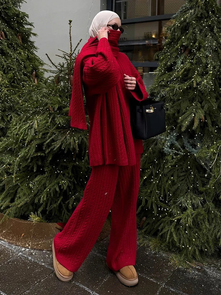 Bornladies Herbst Winter Mode frauen Neue Zopfmuster Pullover Breite Bein Hosen Set Weiche Wolle Mischung Lose Fit High Neck Pullover