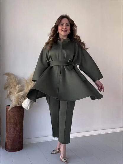 Ramadan Eid Muslim Two Piece Set Lace-up Long Shirt with Pants Women Suits Shirt Blouse Musulman Ensembles Islamic Dress Sets.