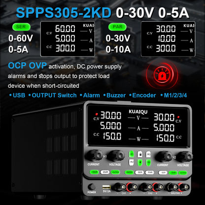 KUAIQU Newest 30V10A Dual Channel Bench Power Supply 3-Way Series-Parallel Output Overvoltage Overcurrent Protection Laboratory.