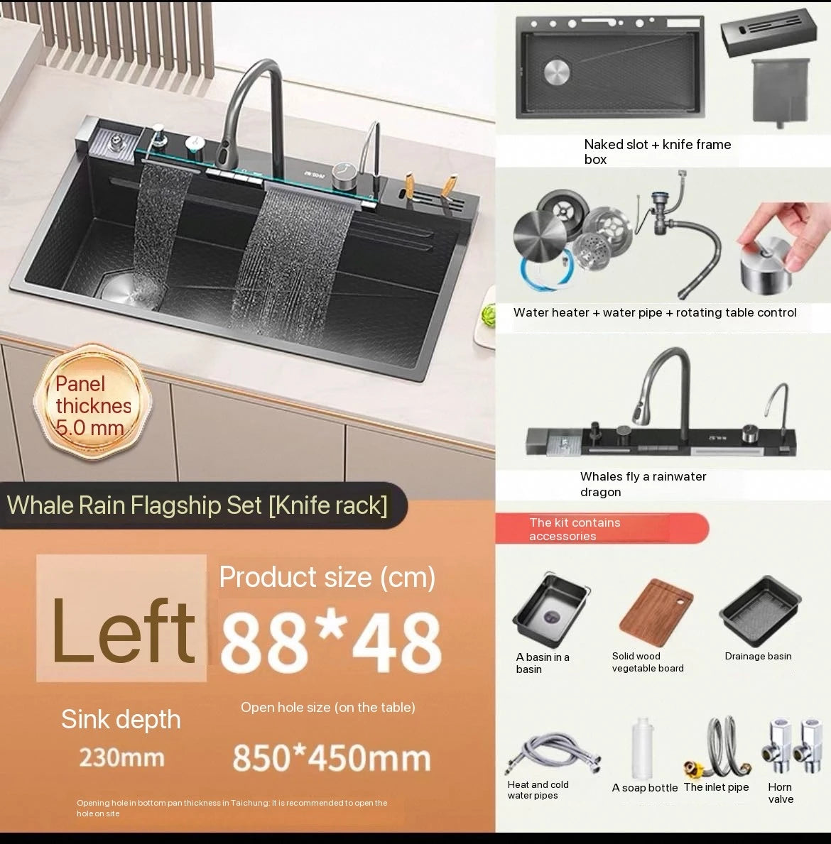 Küchenspüle aus Edelstahl mit Wasserhahn, Digitalanzeige, große Einzelschüssel, Wasserfall, Regen, 5-Funktionen-System, Spülbecken, Spüle