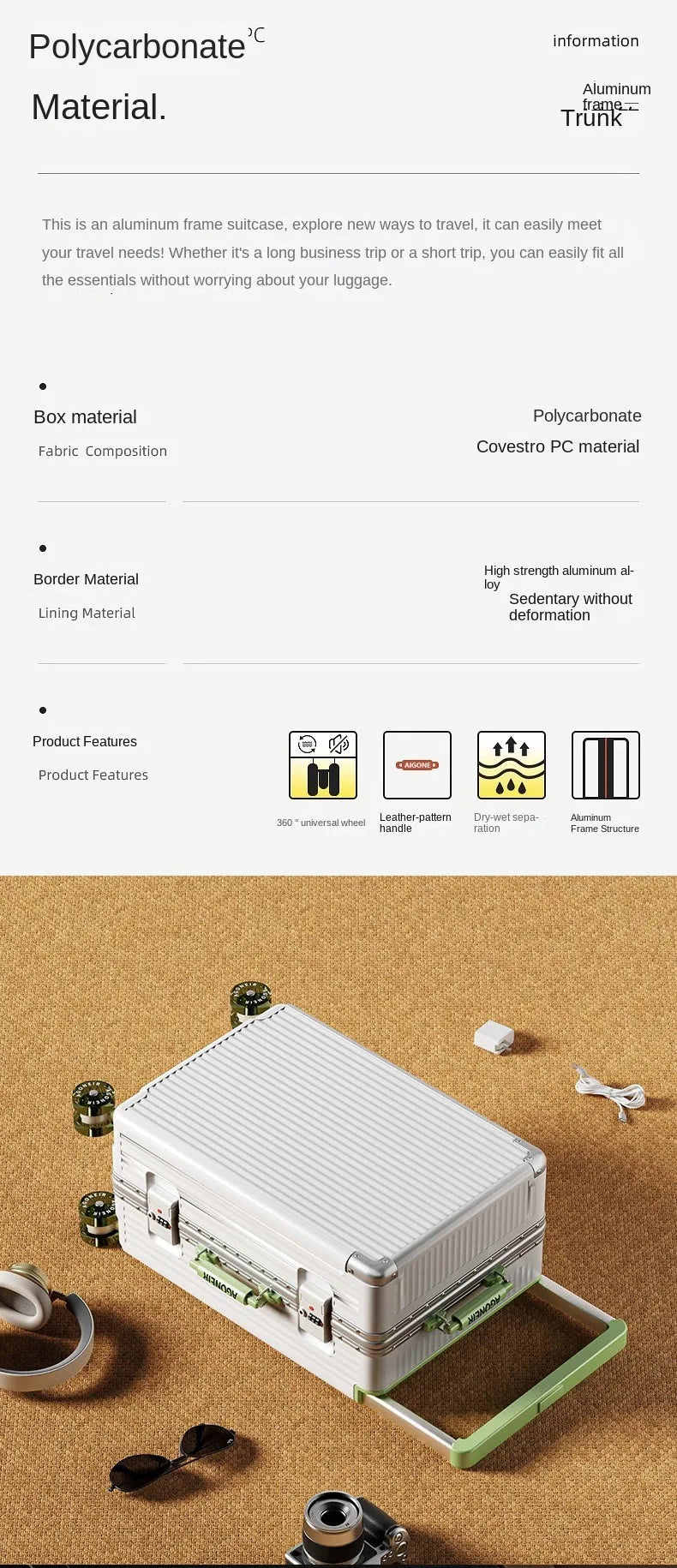 20"24 Zoll Reisekoffer mit breitem Griff, Aluminiumrahmen, Handgepäck, Trolley mit Rollen, Boardingbox, rollende Gepäcktasche.