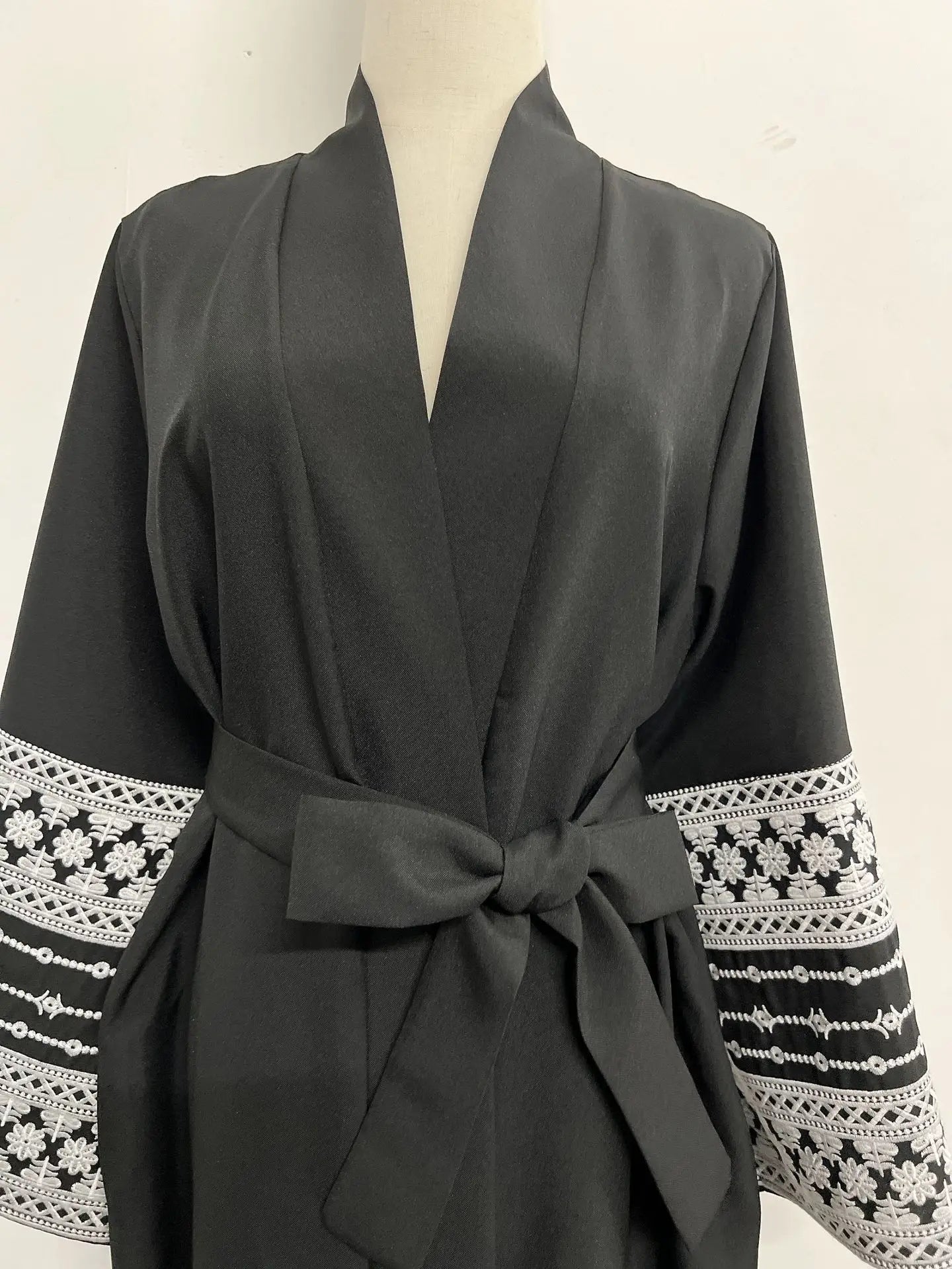 Ramadan Eid Black Open Kimono Abaya with Sashes Damen Dubai Islam Muslim Dress Kaftan Prayer Clothes Women Kebaya Robe Femme.