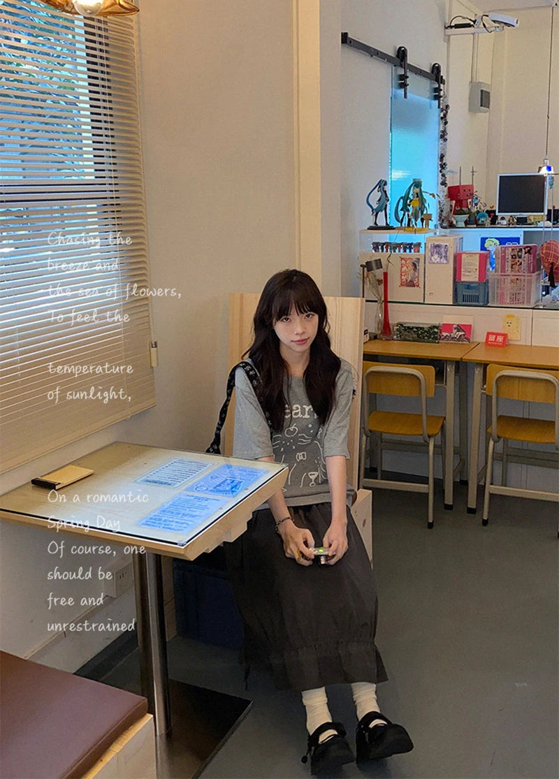 Vintage Black Midi Skirt Women Japanese Harajuku Drawstring Bud Skirts Summer Streetwear Korean Casual Design A Line Faldas New