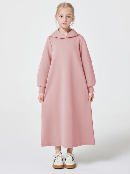 Ramadan kebaya Muslim Girls Abaya Middle East Autumn and winter solid color warm hoodie V-neck Hooded Loose Kids Kebaya Dress.