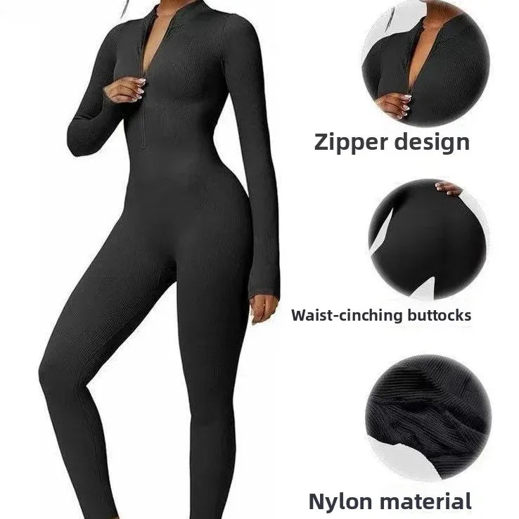 Seamless Long Sleeve Yoga Suit One-Piece Tightening Fitness Leisure Sports Jumpsuit with Zipper for Women.