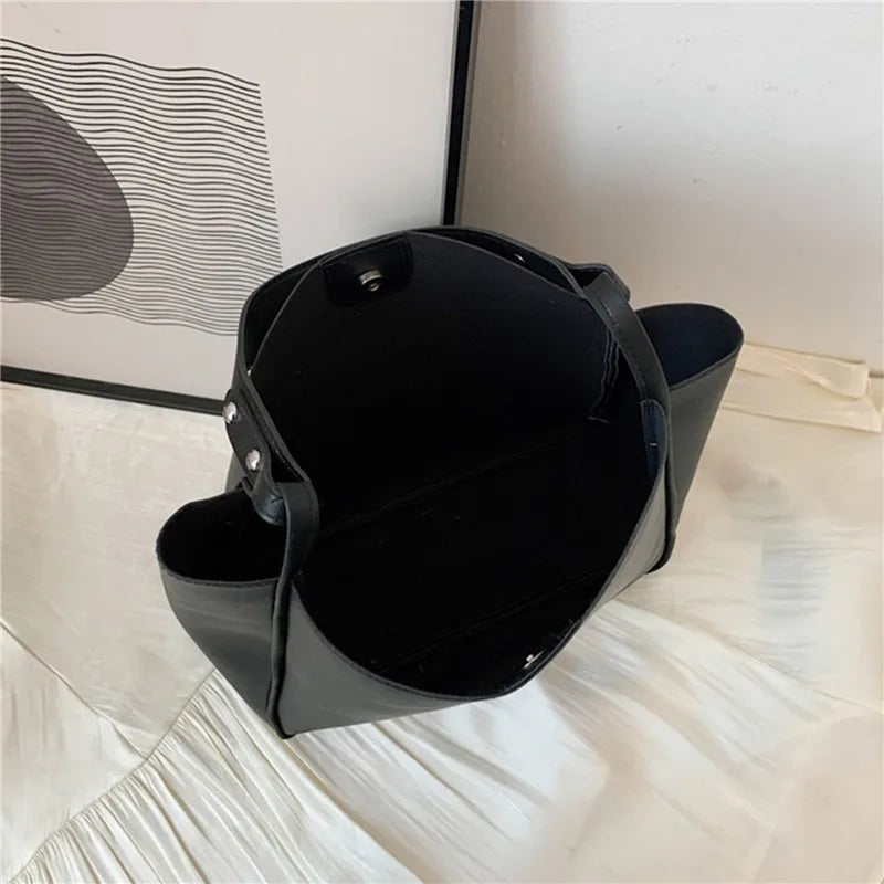 Simple Women Bucket Shoulder Bags New Solid Color Handbags Retro Large Capacity Tote Bags Large Capacity Pu Leather Bags 2024.