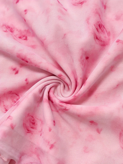 Summer Women's Y2k Floral Printed Sweet V-Neck T-shirts Mesh Beach Party Dress Top Flare Sleeve Square Collar Lace Up Shirt 2025.