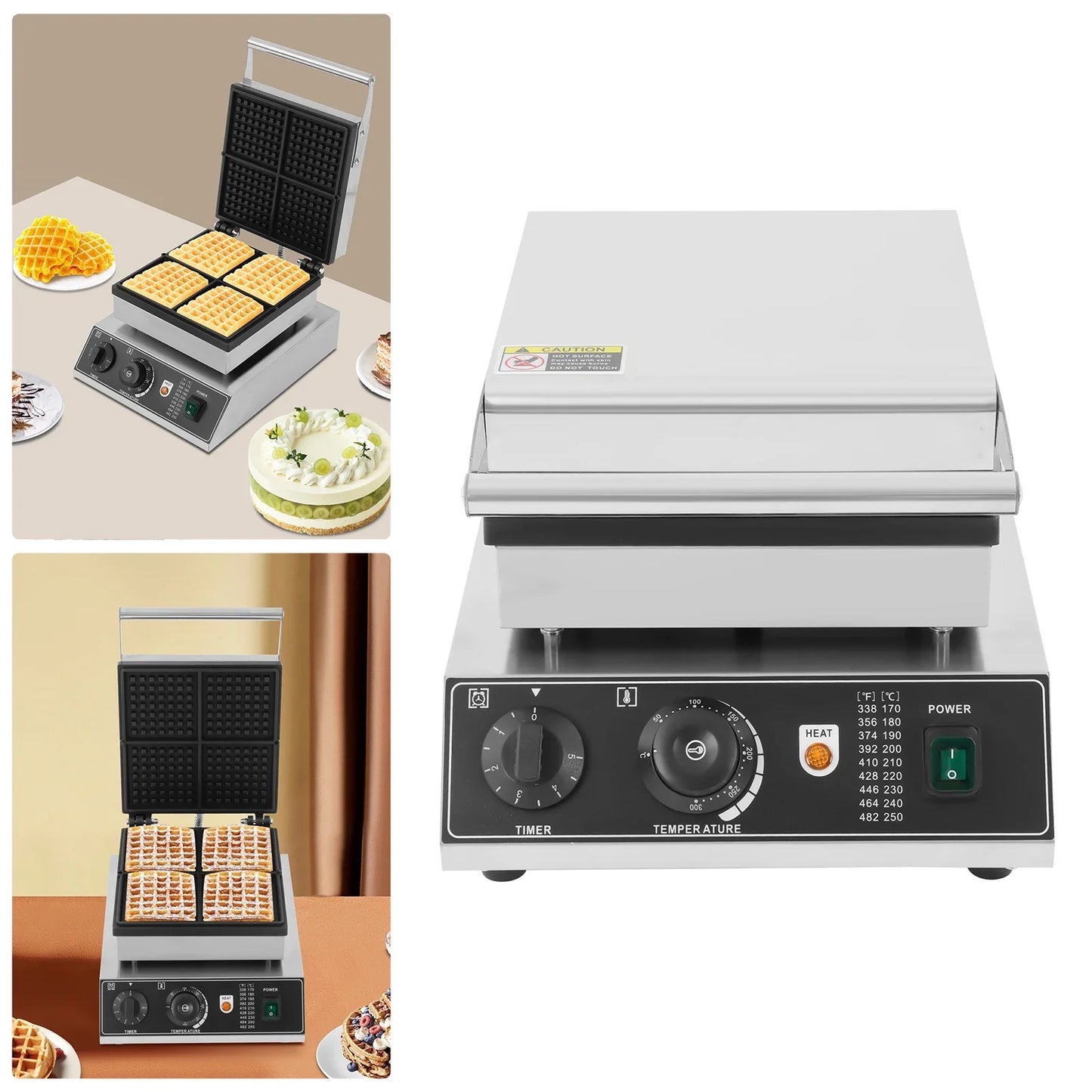 2000 W Commercial Waffle Maker Waffle Machine with Timer, 4 Extra Thick Square, Temperature Adjustable, Non-Stick Coating.