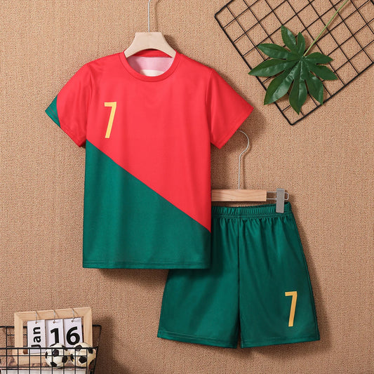 2024 Youth and Children Red and Green Splicing Color No. 7 Legend Quick-drying Sports Football Suit Set.