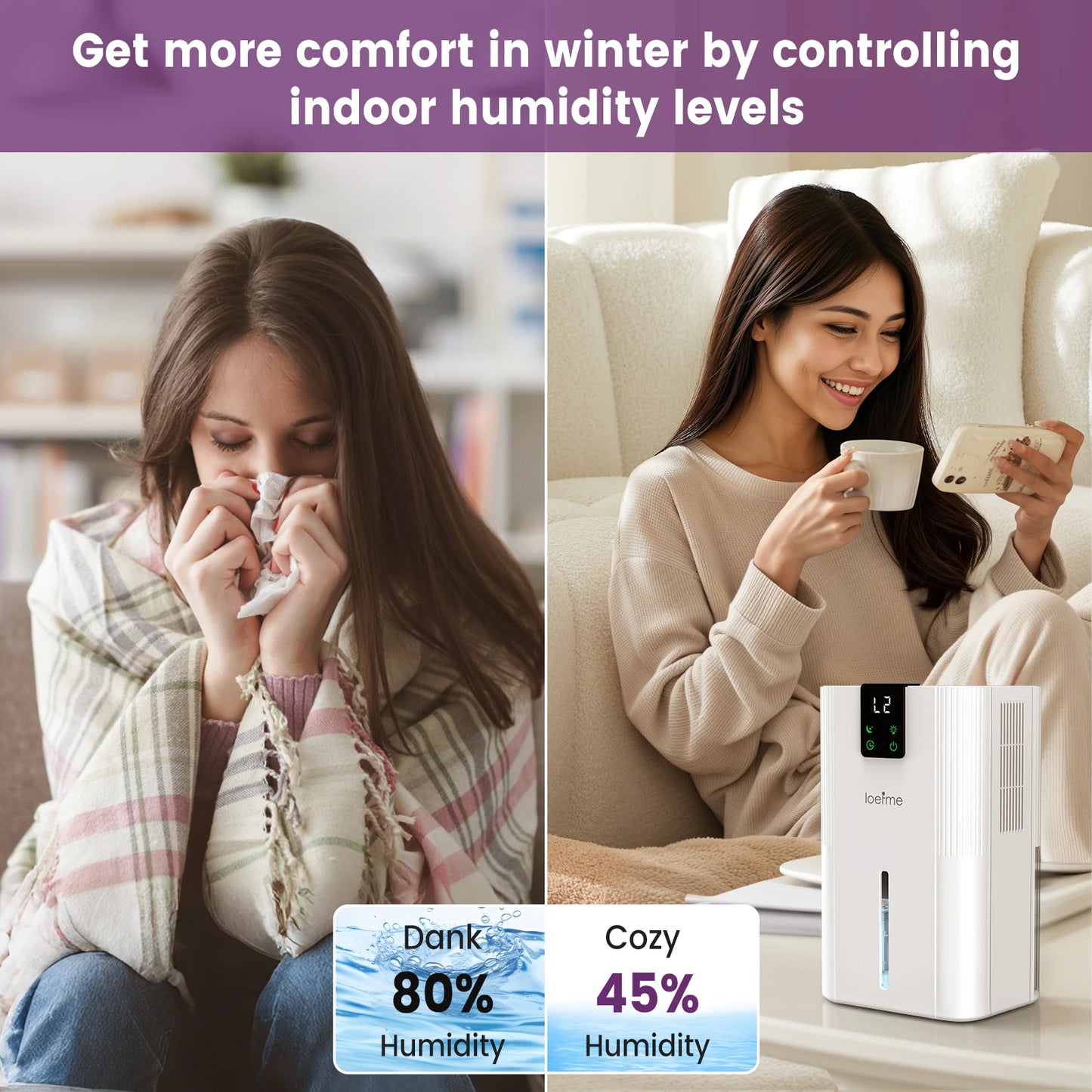 LOEFME 2.8L Mute Dehumidifier 650ml/Day Moisture Absorbers Air Dryer Quiet Air Dehumidifier with Touch Display For Home Bathroom.