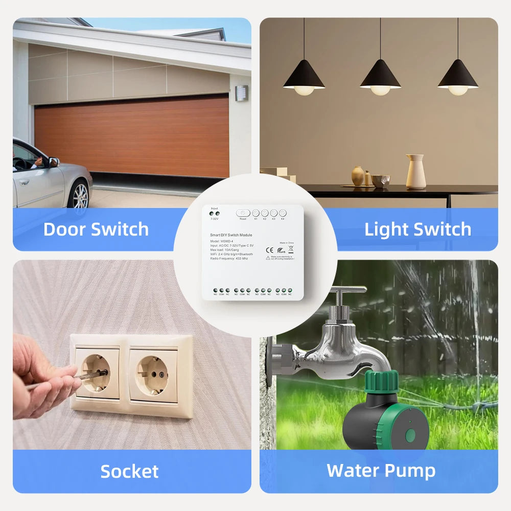 AVATTO Tuya WiFi 4-Kanal-Schaltmodul, 7–32 V/85–250 V RF433 Fernbedienungsrelais-DIY-Modul, funktioniert mit Alexa, Google Home, Alice.