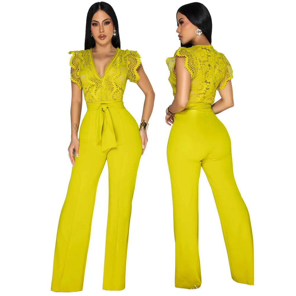 Summer Fashion Lace High Waisted Jumpsuit Women Elegant OL Lace Sleeveless Waistband Straight Jumpsuit Women