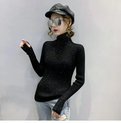 Women Clothing Fashion Elegant Turtleneck Pullover Autumn Winter Solid Slim Long Sleeve Sweater Office Lady Casual Dignified Top.