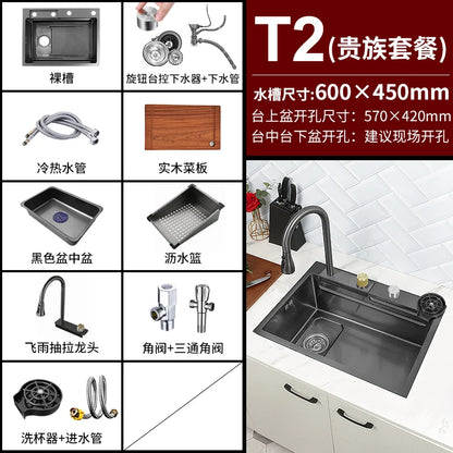 Stainless Steel Waterfall Kitchen Sink New Embossed Extra Large Single Slot Modern Digital Display Dishwashing Basin