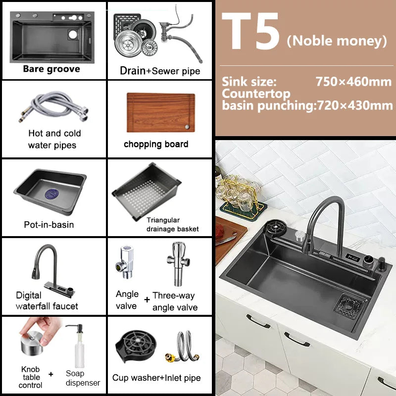 Waterfall Sink Kitchen Stainless Steel Topmount Sink Large Single Slot Wash Basin With Multifunction Touch Waterfall Faucet