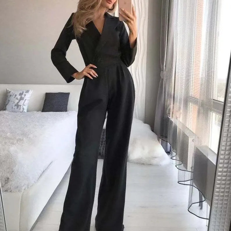 Women Jumpsuits Long Sleeve V Neck Rompers Overalls One Piece Wide Leg Pants Slight Strech Office Lady Solid New Chinese.