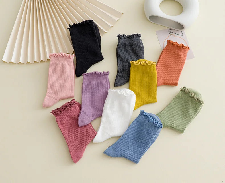 5 Pairs of Women's Solid Color Cotton Socks Japanese Style Ruffle Stacked Socks Cute Laciness Women's Long Socks.