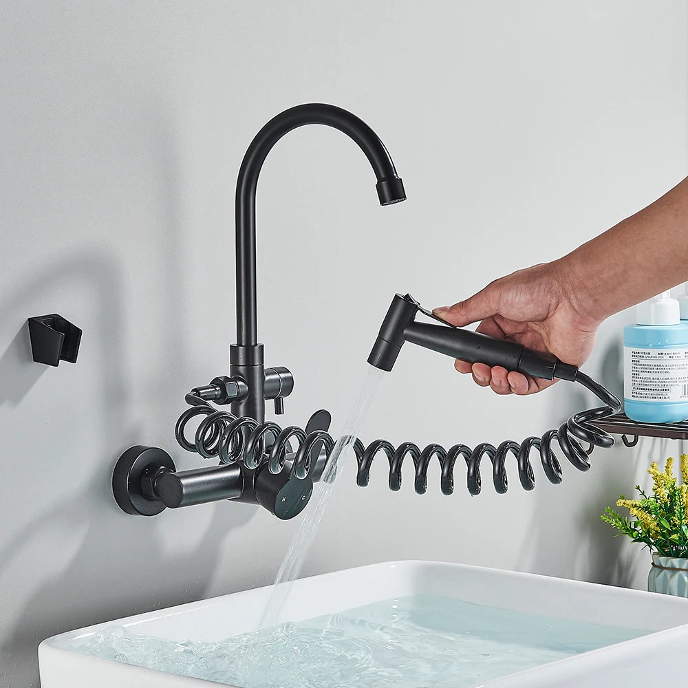 Kitchen Faucet With Spray Gun Wall Mounted Hot Cold Water Mixer Tap Rotatable Faucets Dual Water Mode No Dead corner Cleaning