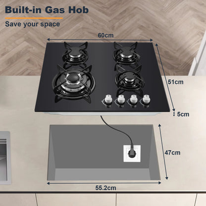 60cm Built-in Gas Hob 4 Burner | Auto Thermocouple & Safety Lock | 4-Zone Tempered Glass 8060W with Auto Ignition.