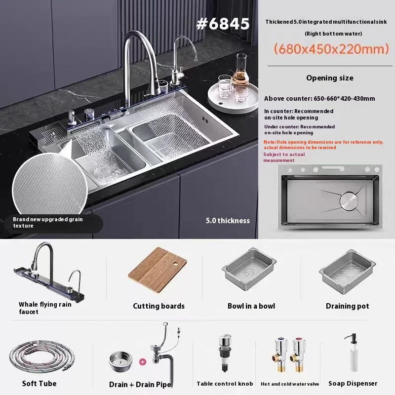 Stainless Steel Kitchen Sink Waterfall Wash Vegetables Basin Intelligent Digital Display Faucet Dish Wash Bowl Large Single Slot