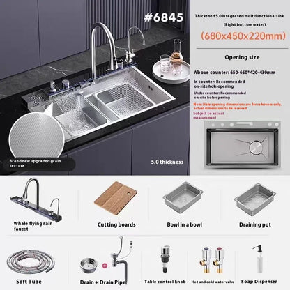 Stainless Steel Silver Kitchen Sink Multifunction Waterfalls Intelligent Digital Display Faucet Household Large Single Slot