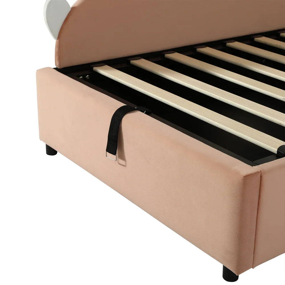 Polsterbett, Einzelbett, Babybett, niedlicher Hasenkopf, hydraulisches Bett mit Stauraum, erhöhter weicher Zaun, Samt, rosa + weiß, 90 x 200 cm