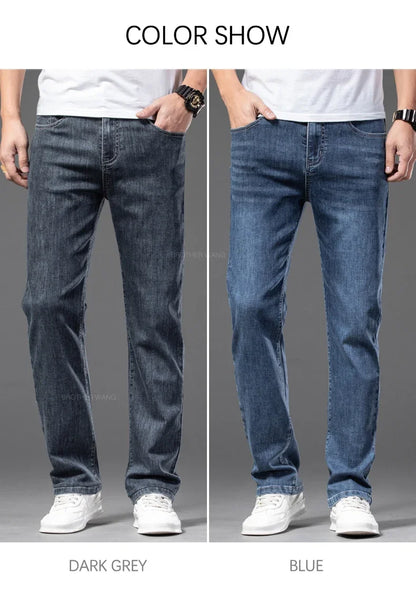 Spring Summer Thin Men's Classic Jeans Elastic Loose Straight Cotton Casual Denim Trousers Brand Clothing Business Male Pants.