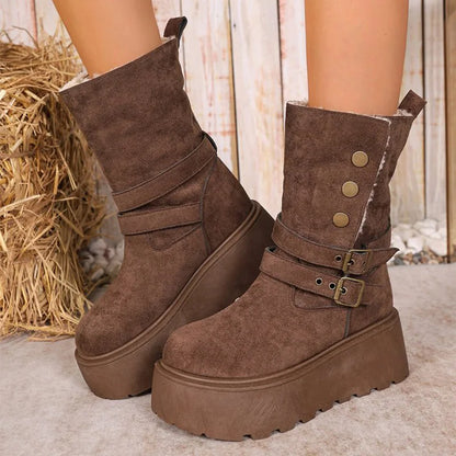Brown Chunky Platform Women's Snow Boots Winter Retro Button Buckle Detor Snow Boots Woman Faux Suede Keep Warm Botas Mujer.