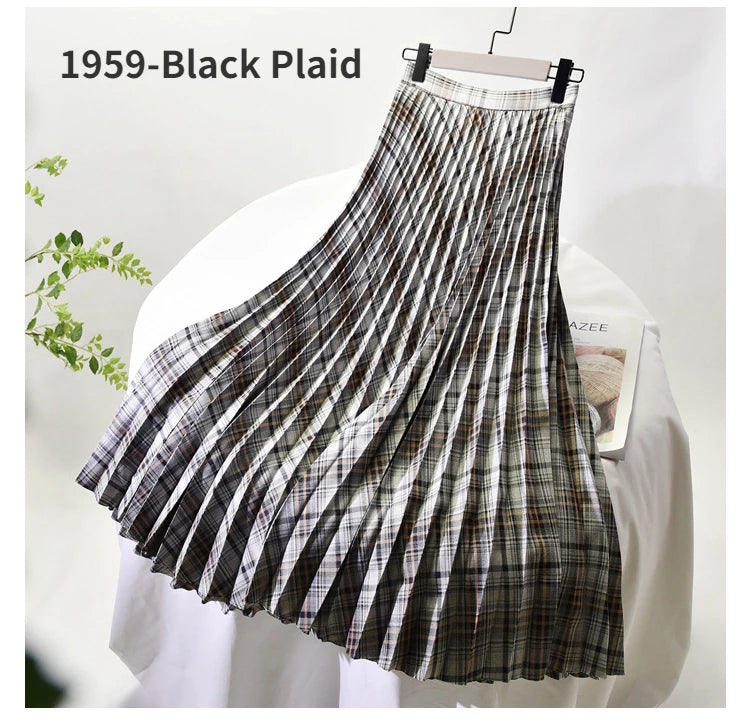 Looks Thin Pleated Skirt 2025 New High Waist A-line Skirt Mid-length Big Size Plaid Skirt Long Pleated Skirt Length 75-90cm